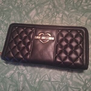 Love Moschino Black Quilted Long Wallet with Gold Heart Logo